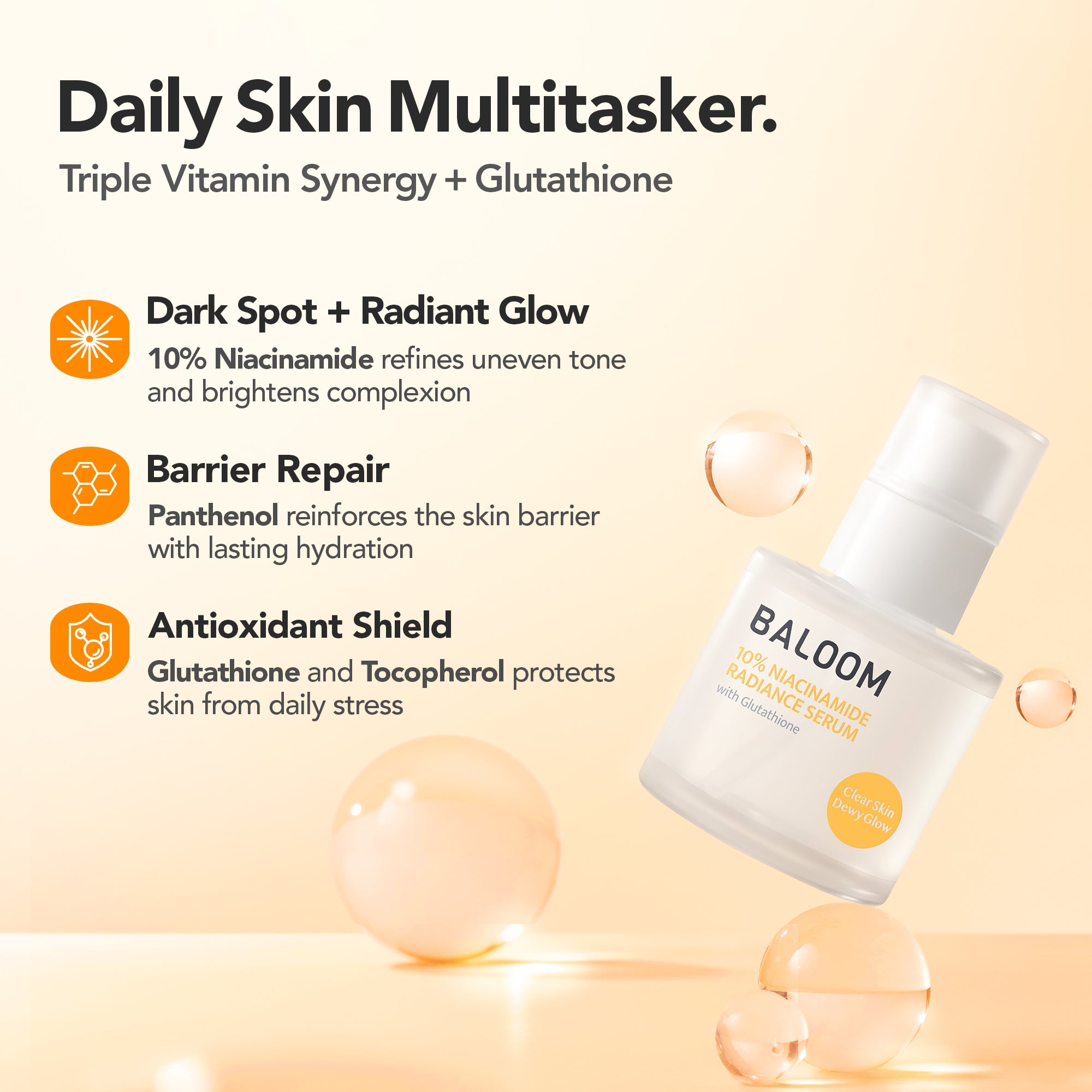 Baloom skincare serum bottle with product benefits on a beige background
