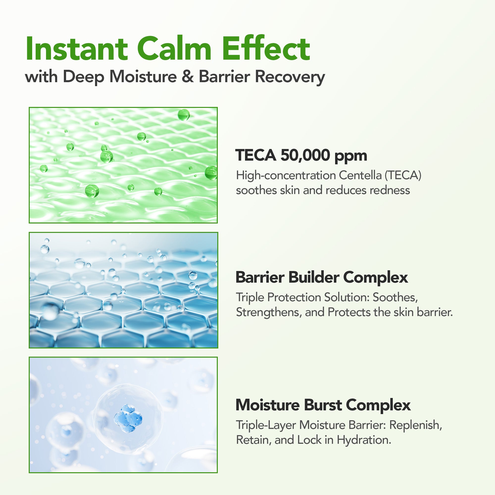 Product description with text about instant calm effect, deep moisture, and barrier recovery.