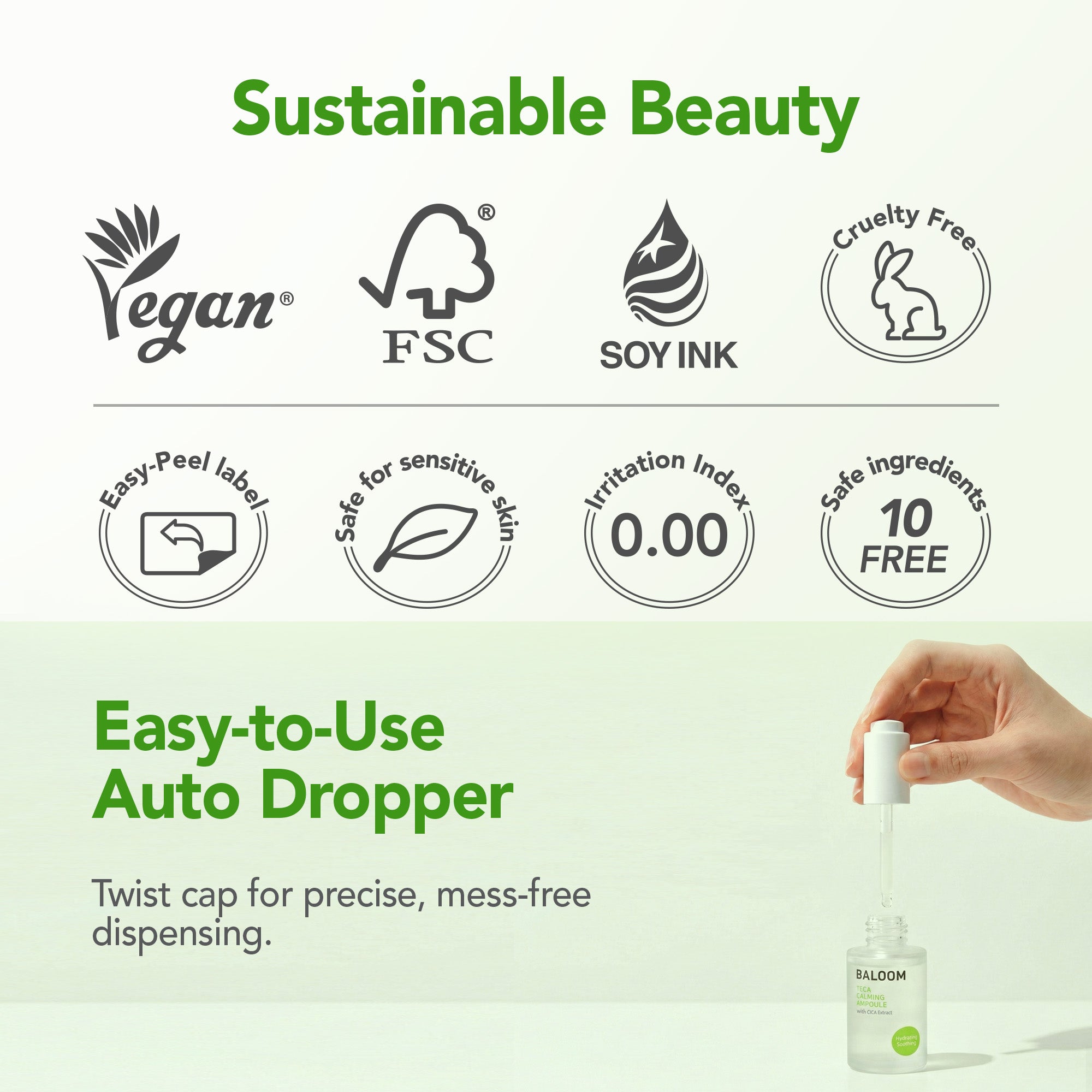 Product packaging with sustainability and user-friendly features highlighted on a green background.