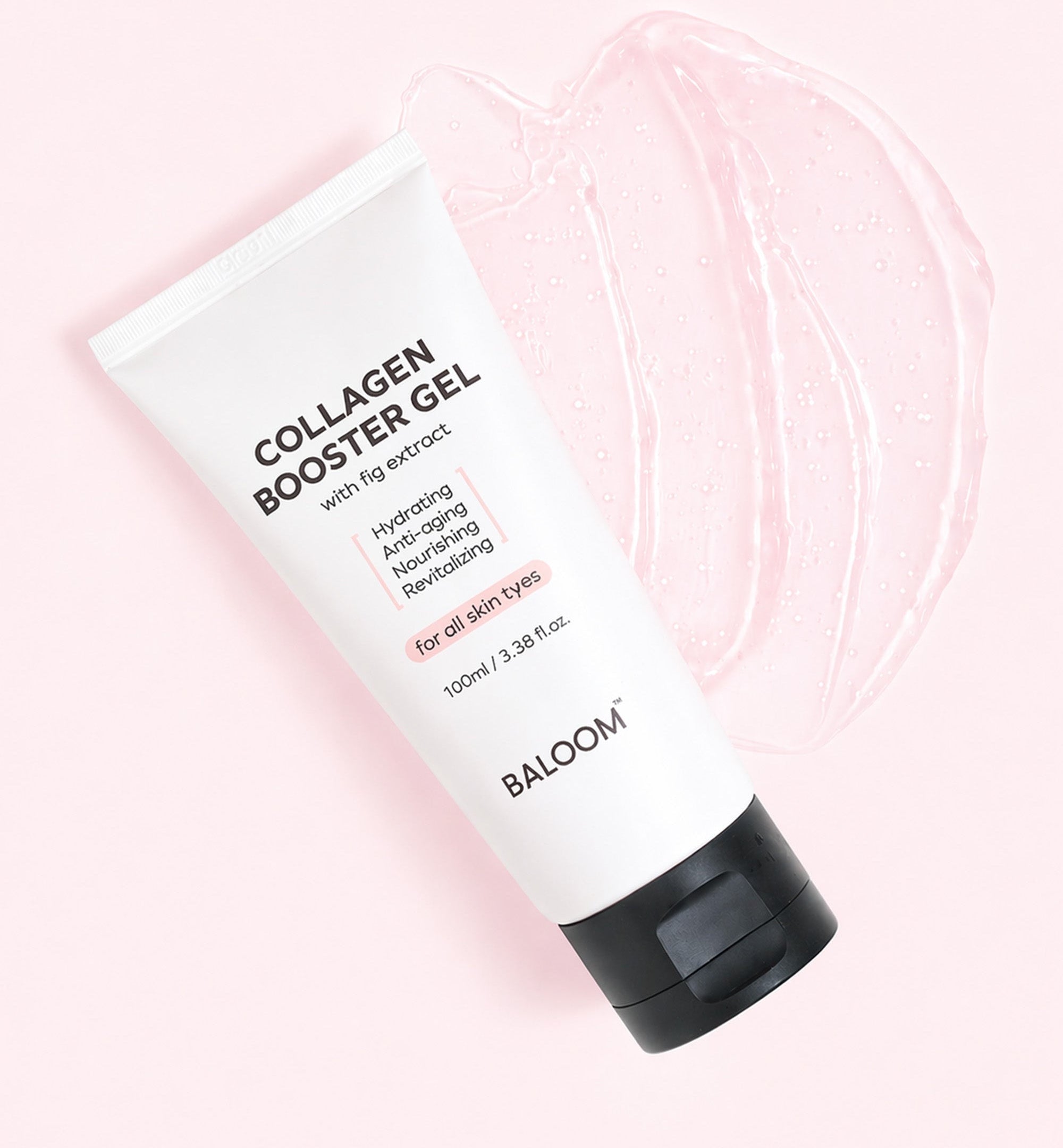 Collagen booster gel tube with pink gel smear on a light pink background
