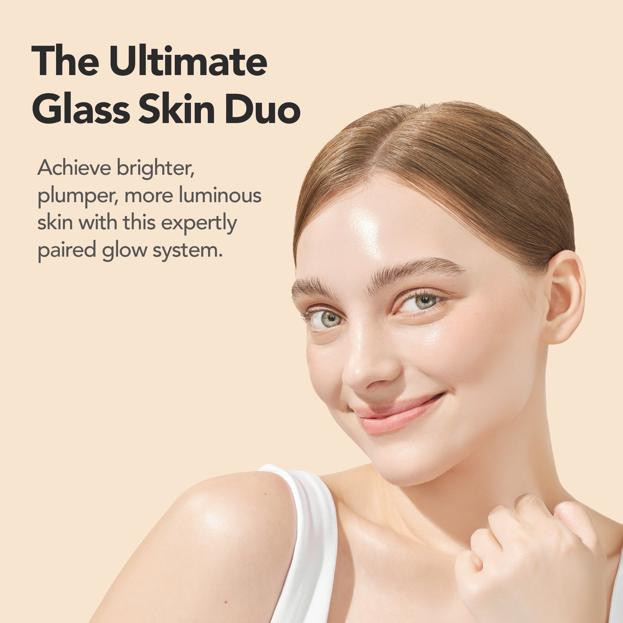 The Ultimate Glass Skin Duo with a woman's face on a beige background.