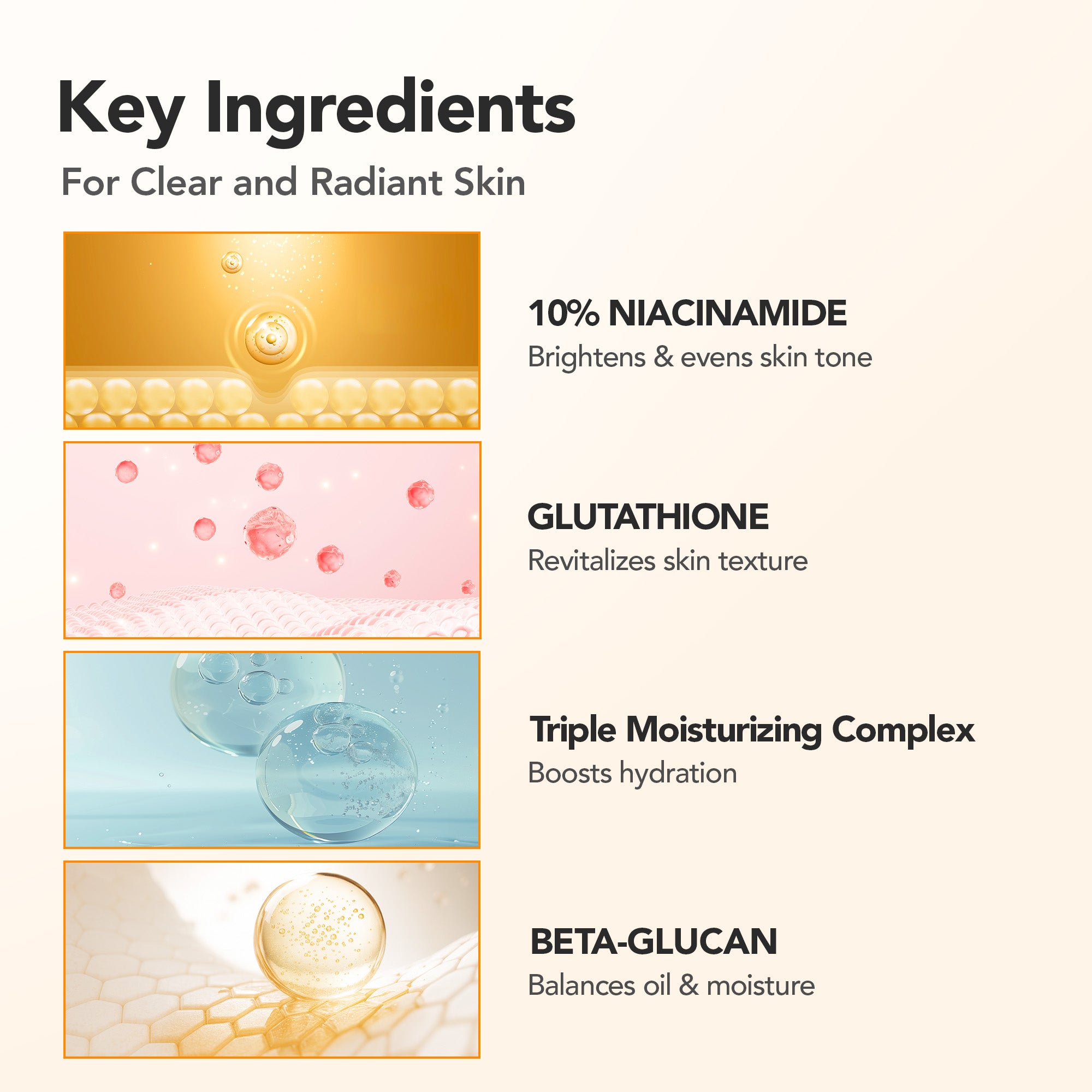 Key ingredients for clear and radiant skin with visual representations and descriptions.