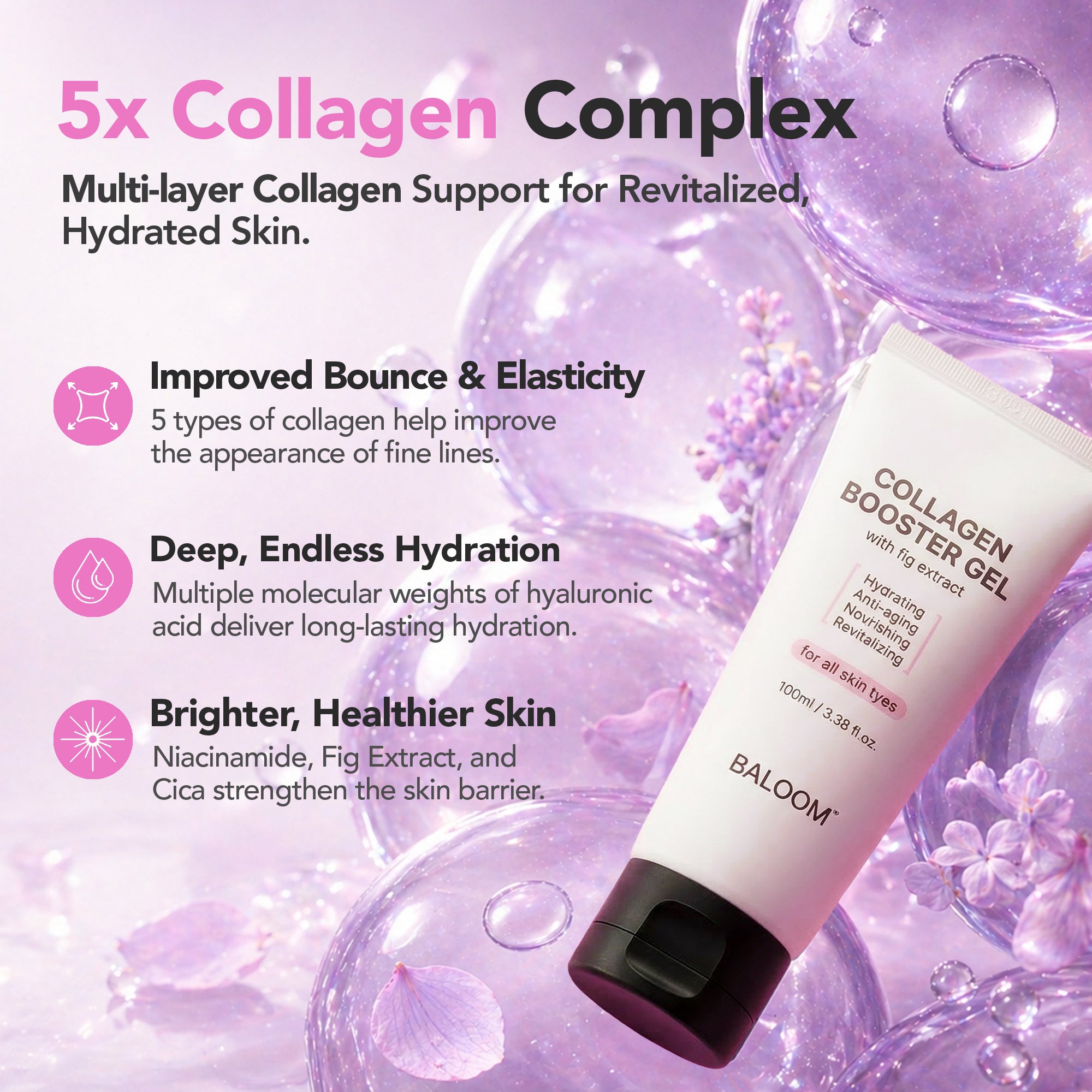 Collagen booster gel with text about its benefits on a purple background