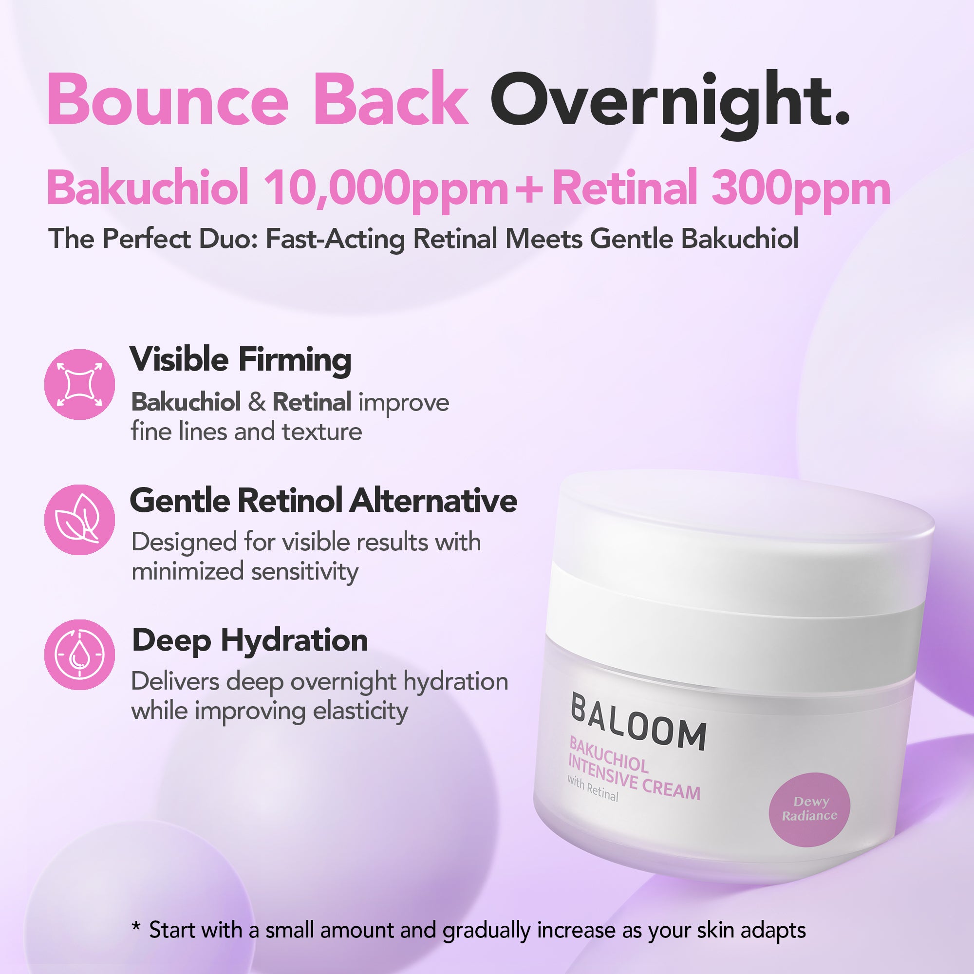 Baloom skincare cream jar with product features on a purple background