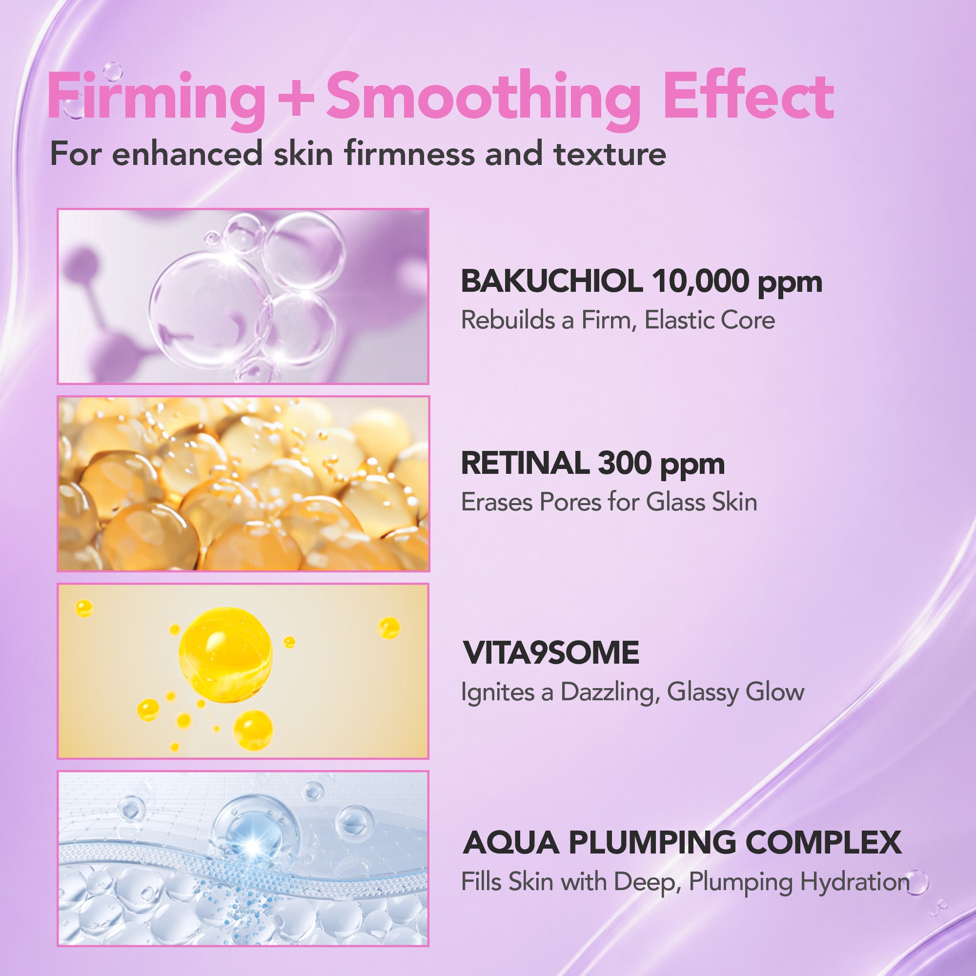 Cosmetic product packaging with ingredients and effects on a purple background
