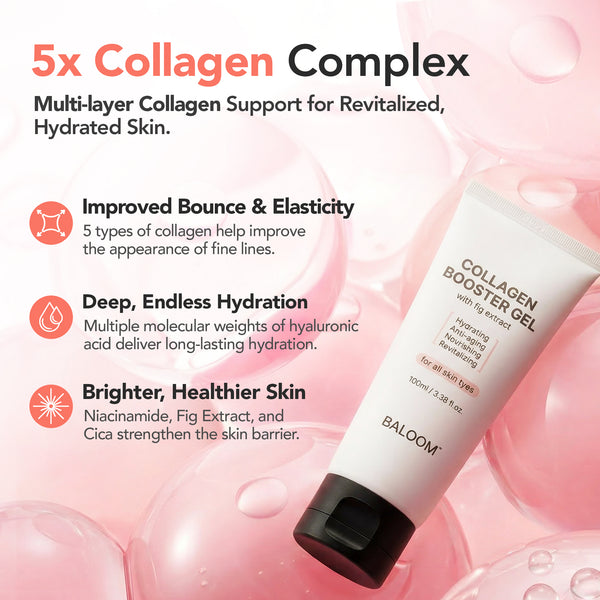 Collagen booster gel with text on a pink background