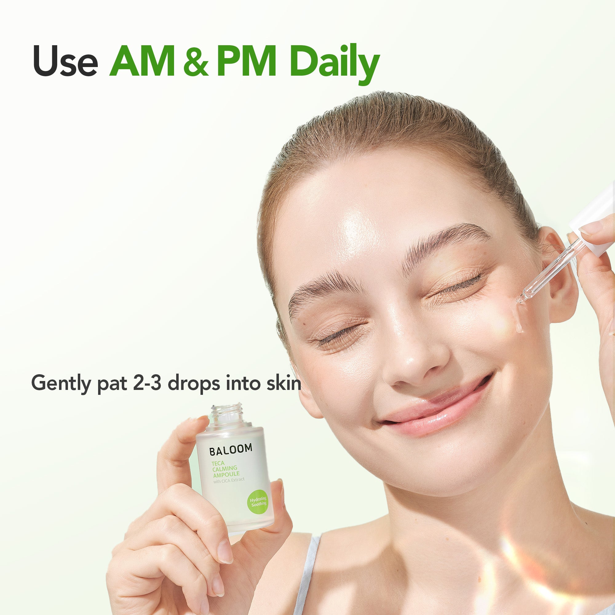 Woman applying skincare product with a dropper and bottle labeled 'BALOOM' on a light green background.