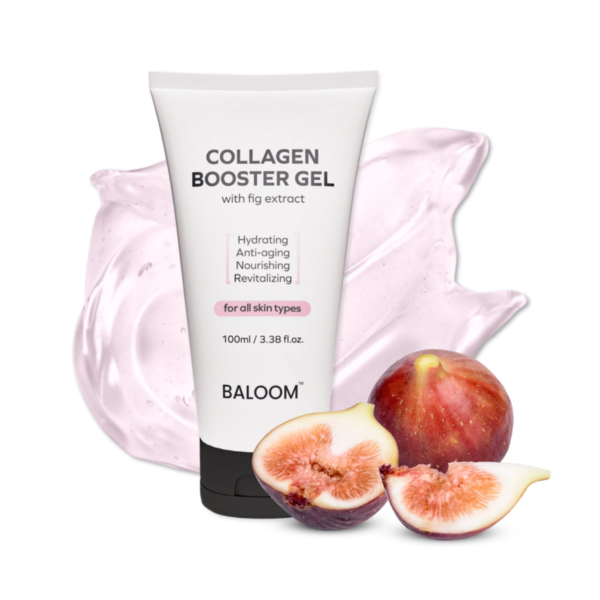 BALOOM Collagen Booster Gel on a white background with figs