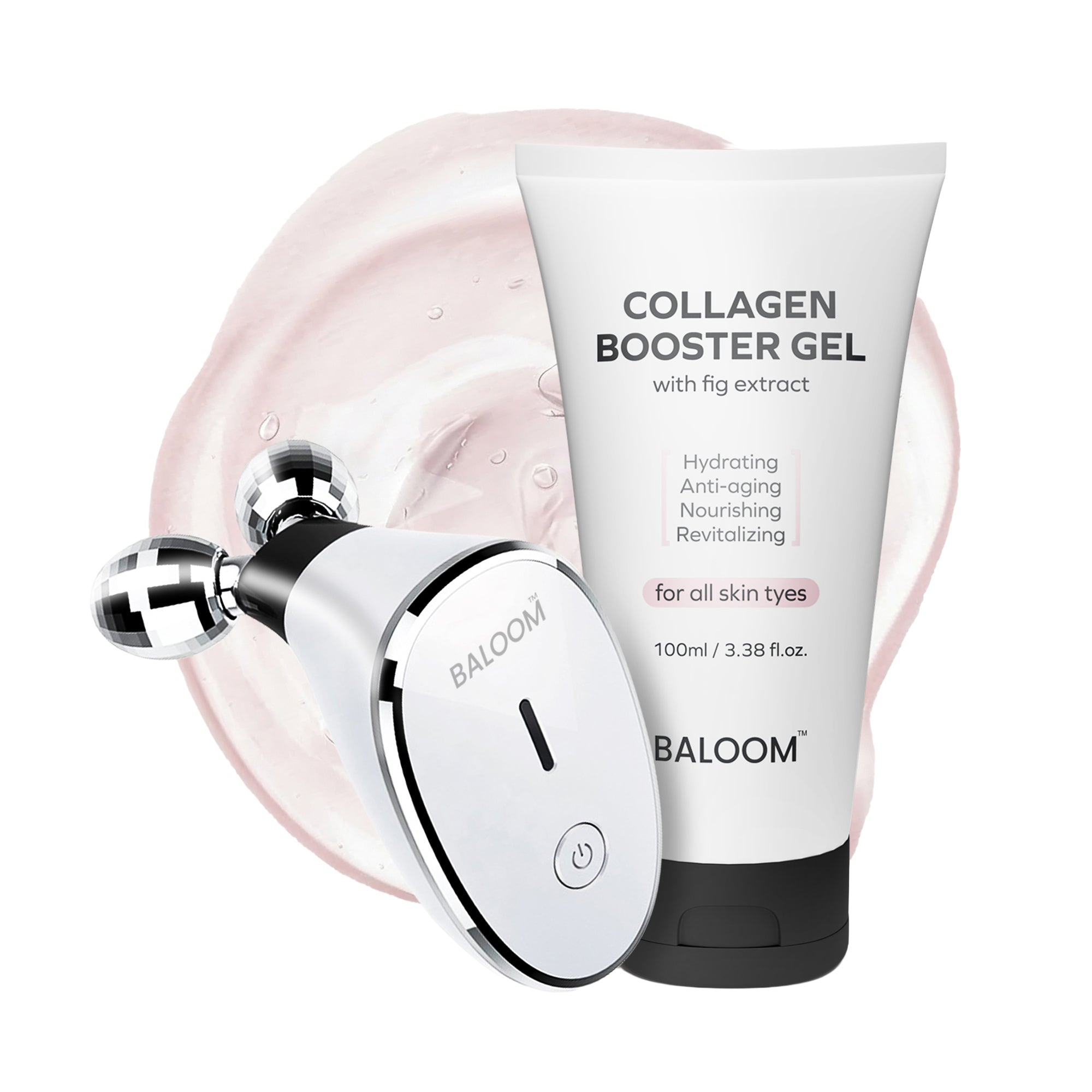Collagen booster gel with microcurrent device on a white background