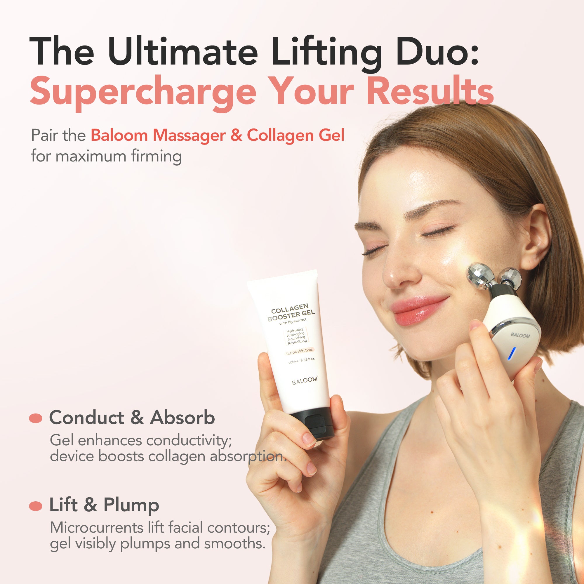 Woman using a Baloom Massager & Collagen Gel with text about lifting duo benefits on a light pink background