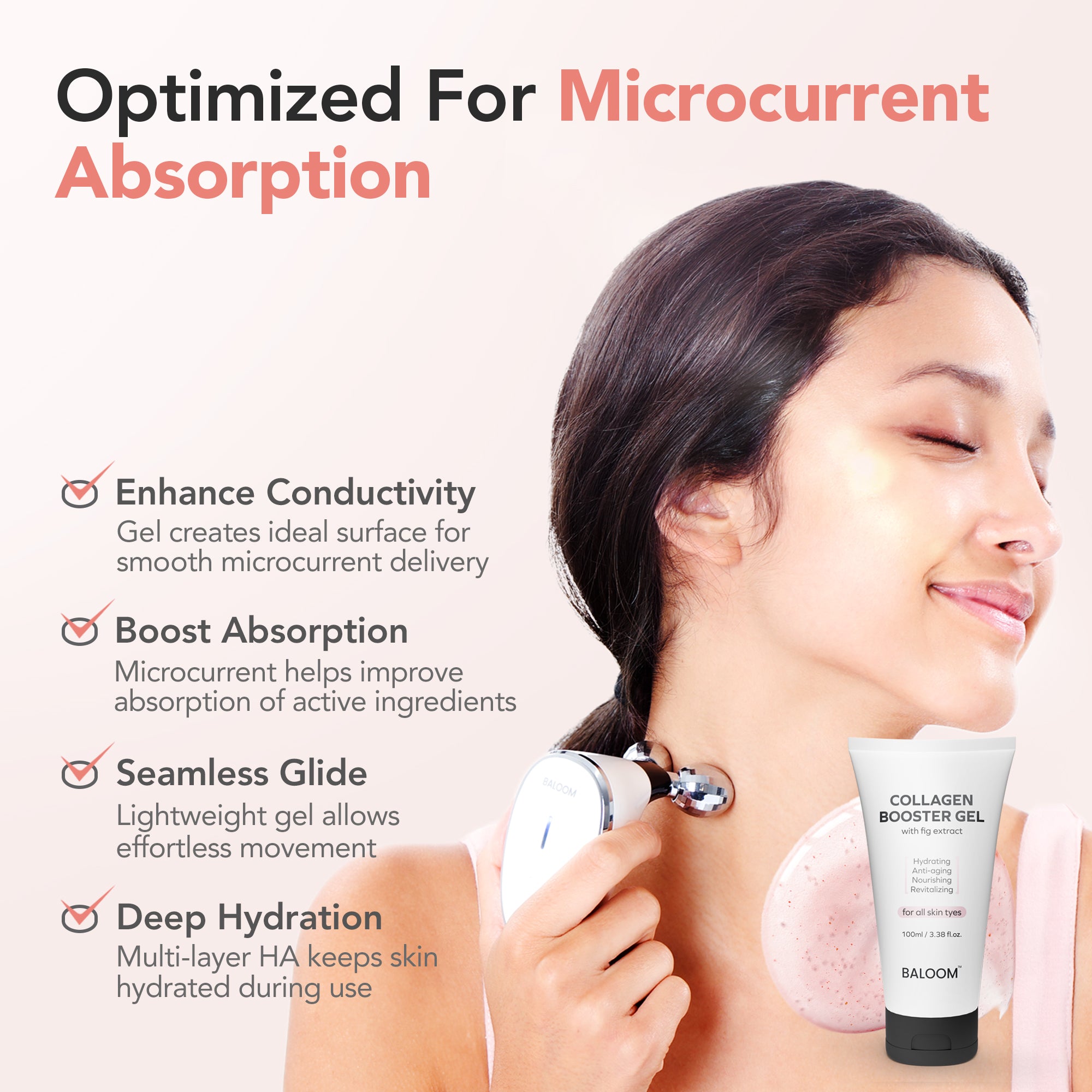 Woman using a device with a tube of Baloon Collagen Booster Gel, text about product benefits.