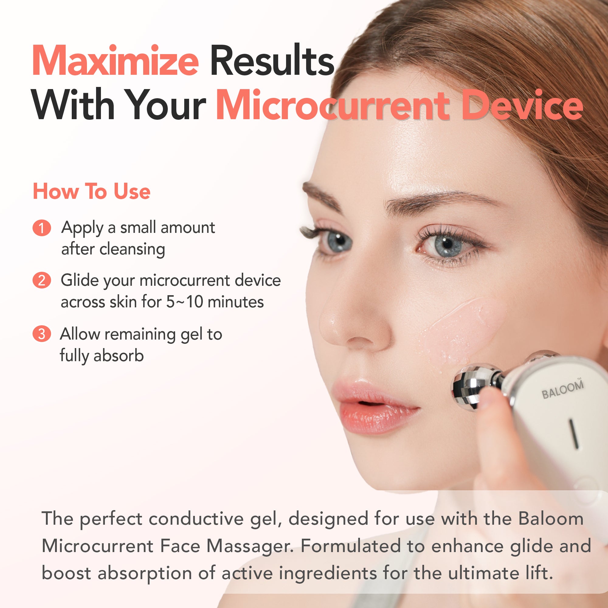 Woman using a microcurrent device on her face with text about how to use it.