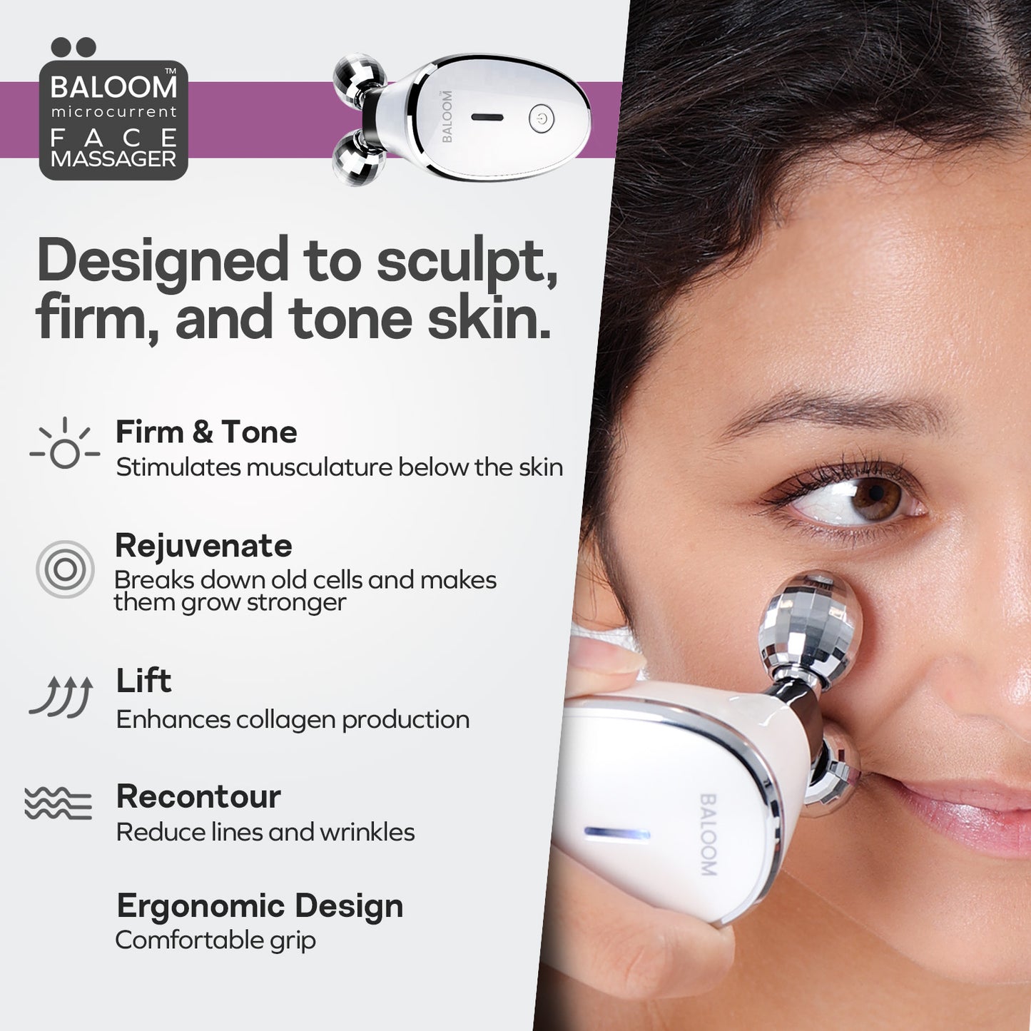 Experience Baloom Microcurrent Face Massager benefits! Firm, tone, and rejuvenate your skin, lifting up by enhancing collagen production, and reducing lines and wrinkles with handy device.